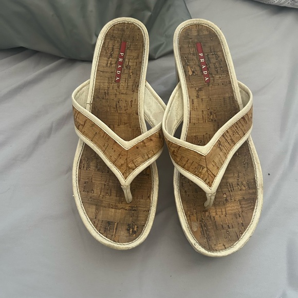 Prada Shoes - Prada Women's Cream and Brown Cork Sandals